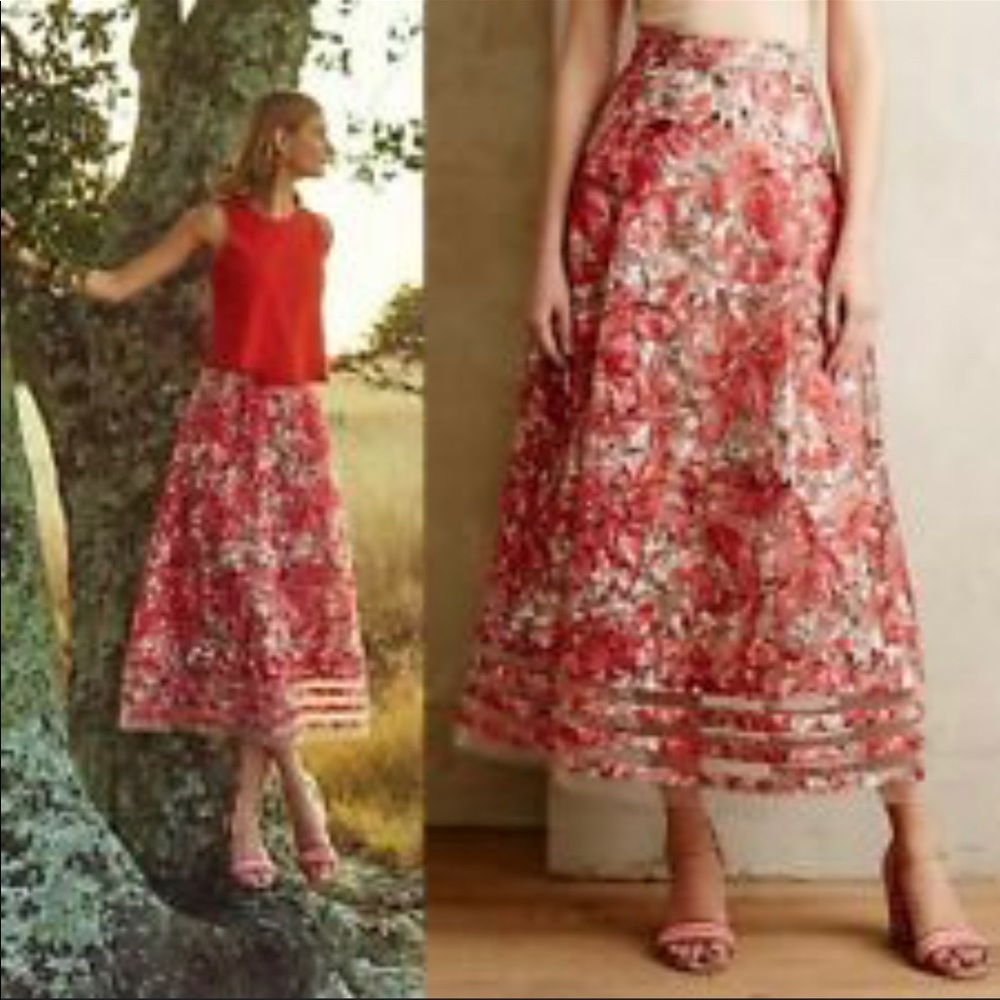 Anthropologie Pink Geo Patterned Tulle Midi Skirt